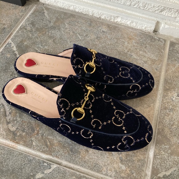 Gucci Princeton Mules Navy Velvet w Gold Horse Bit Buckle & Gucci Gold Logos 7.5 - Picture 14 of 16